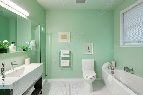 White ceramic sink and toilet near shower and bathtub in modern bathroom with pastel green walls