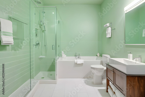 White ceramic sink and toilet near shower and bathtub in modern bathroom with pastel green walls