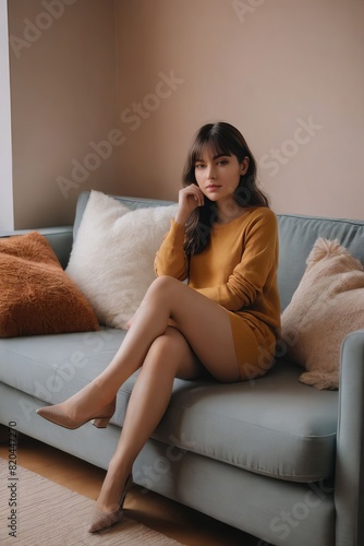 Smiling brunette woman relaxing on a sofa in a cozy home environment © nozmenoz