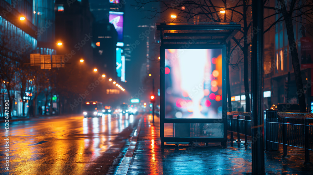 Night cityscape with glowing lights, wet streets, and blurred advertisement board. Urban scene perfect for city life and night photography themes.