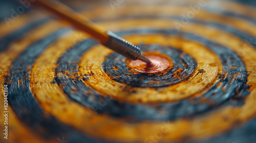 Close-up of an arrow hitting the bullseye on a wooden target, symbolizing precision, achievement, and success in archery sports. photo
