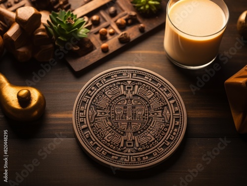 A beautifully detailed Aztec calendar surrounded by chocolates, a candle, and wooden objects on a wooden table.