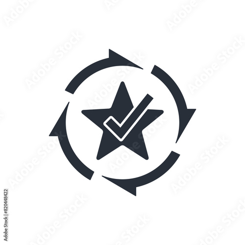 Star with a check mark and active arrows. Successful action, flawless.Vector linear icon isolated on white background.