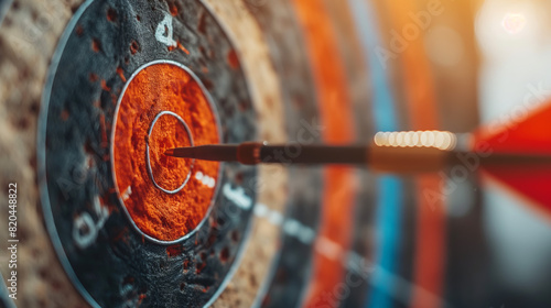 Close-up of a dart hitting the bullseye on a colorful dartboard, symbolizing precision, accuracy, and achievement in a high-stakes game. photo