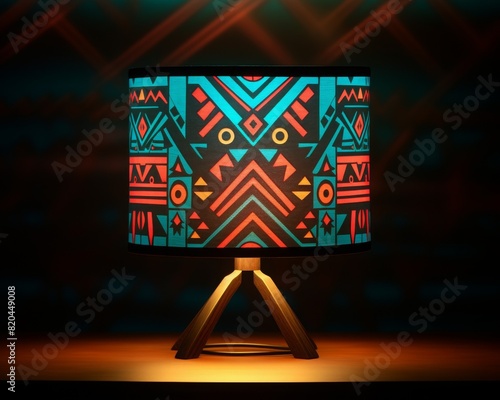 Colorful table lamp with geometric patterns on a dark background, creating a vibrant and artistic illumination. photo