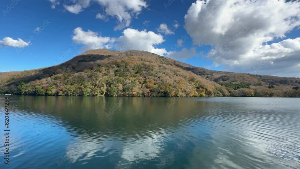 beautiful lake with clear blue sky ; cloudy sky with mountain and clear blue water ; japan tourism beautiful lake with clear blue sky ; cloudy sky with mountain and clear blue water ; japan tourism