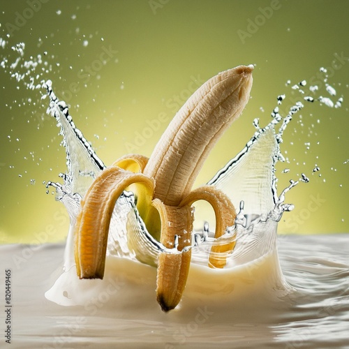 banana fruit splashing into a pool of creamy gelato yogurt against a malik water green background photo