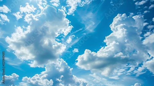 Azure blue sky dotted with fluffy white clouds on a sunny day.