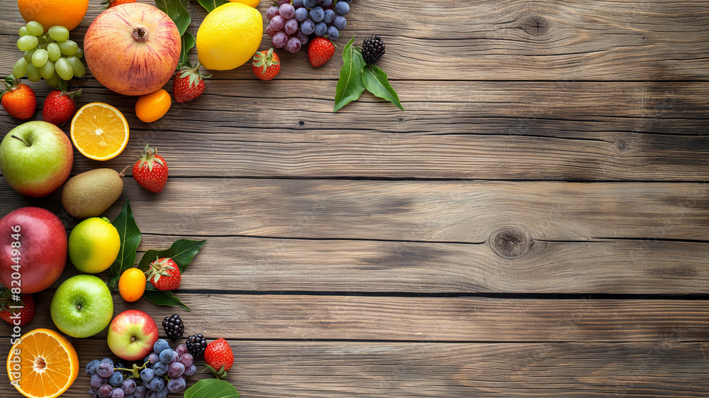 Various fruits on wood table with flat lay angle view and copy space Various fruits on wood table with flat lay angle view and copy space