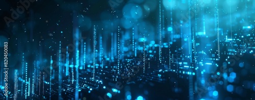 Abstract digital background with blue lights and binary code, glowing cityscape night sky in the style of cyberpunk photo