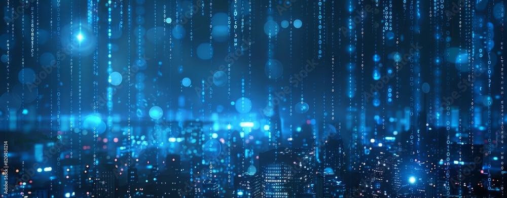 Abstract digital background with blue lights and binary code, glowing cityscape night sky in the style of cyberpunk Abstract digital background with blue lights and binary code, glowing cityscape night sky in the style of cyberpunk