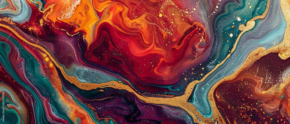Obraz premium Golden Liquid Luxury - Abstract Colorful Marble Swirls and Waves Against Shimmering Background