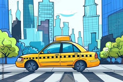 Cartoon cute doodles of a happy taxi cab with a yellow body and black checkered stripe, driving through the city, Generative AI