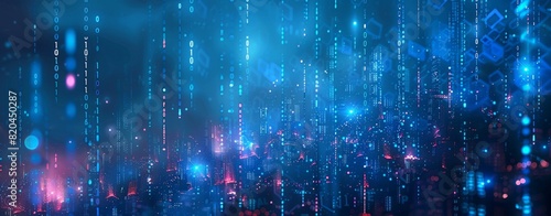 Abstract digital background with blue lights and binary code, glowing cityscape night sky in the style of cyberpunk photo