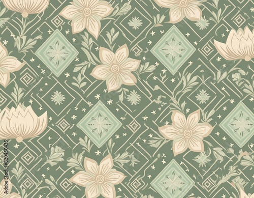Vintage Elegance: Pale Green and Beige Floral Geometric Pattern photo