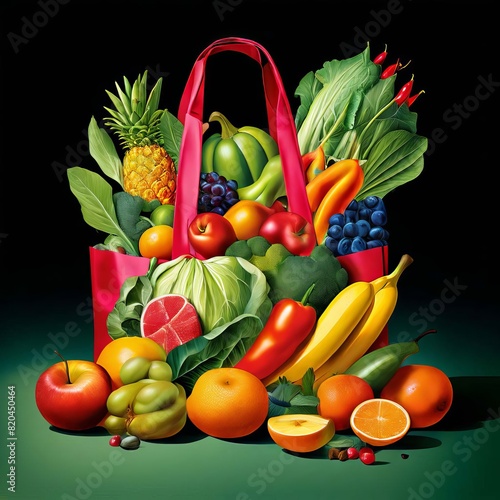  A bag of fruits and vegetables Food delivery packaging plastic bags design with colorful background