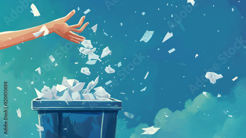 Hand throwing crumpled paper into recycle bin blue background, generative Ai