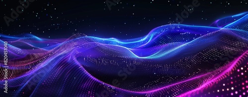 Abstract background with blue and purple glowing dots on a black wave pattern photo