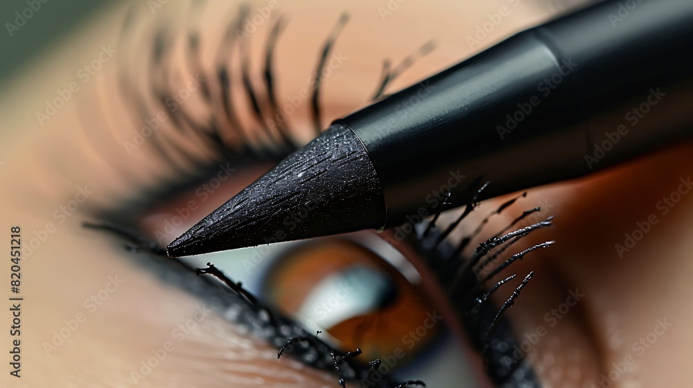 Naklejka premium A close-up of someone applying eyeliner, focusing on the eyelid, iris, and a few facial freckles.