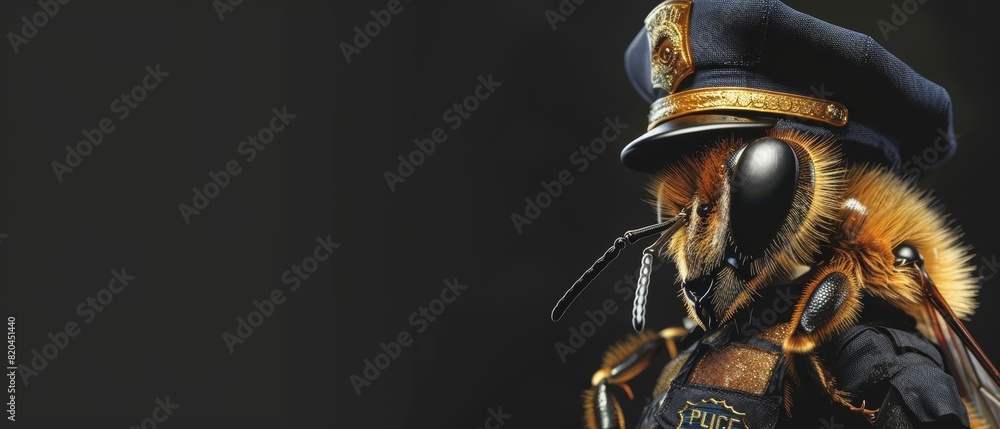 A bee in a police uniform, standing in a salute pose against a solid black background with copy space A bee in a police uniform, standing in a salute pose against a solid black background with copy space