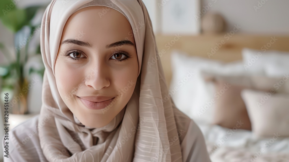 Close up view of the face of a Muslim woman wearing a hijab making a video call in the bedroom. Close up view of the face of a Muslim woman wearing a hijab making a video call in the bedroom.