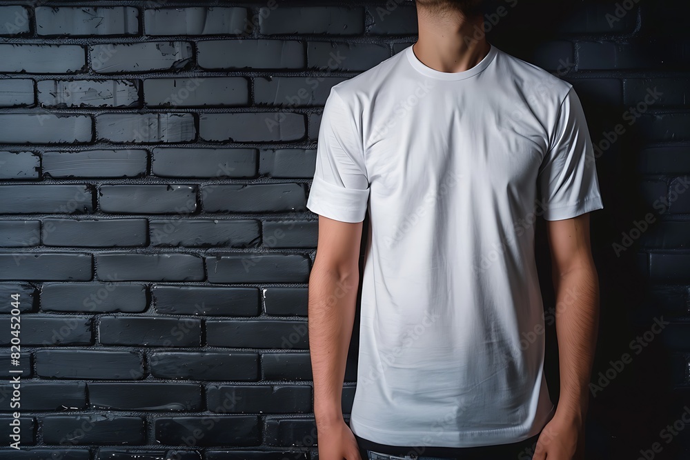 White t-shirt mockup at black brick wallpaper background. White t-shirt mockup at black brick wallpaper background.