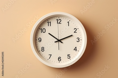 White wall clock on beige background showing the time. Minimalist design, simple and elegant, perfect for time management concept.