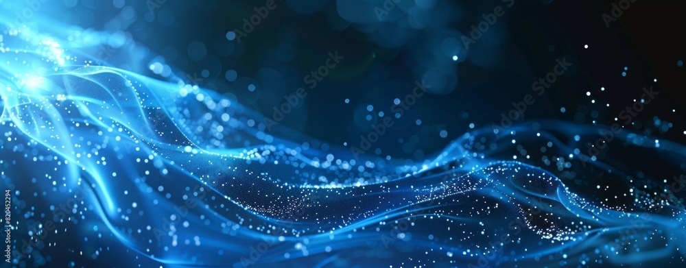 Abstract blue digital background with flowing waves of glowing dots and ...