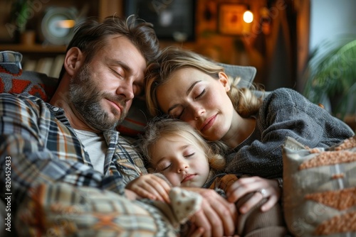 Relaxed young family resting and dreaming about new home on comfortable sofa together at home  happy young parents with little daughter relax enjoying  Generative AI 