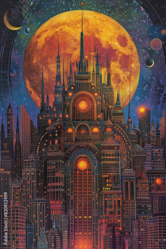 A painting of a city with a large red moon in the background