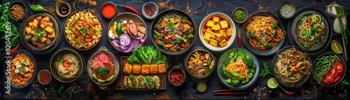 A fantastical top view of an array of Asian dishes arranged on the left side of a dark