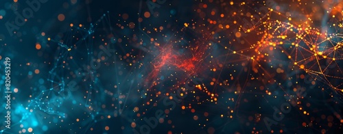 Abstract digital background with glowing connections and dots forming a complex network, dark blue and red color theme, light effects