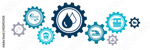Clean water vector illustration. Blue concept with icons related to water purification and filtration / sewage treatment facility / water testing & quality, drinking water, sanitation technology.