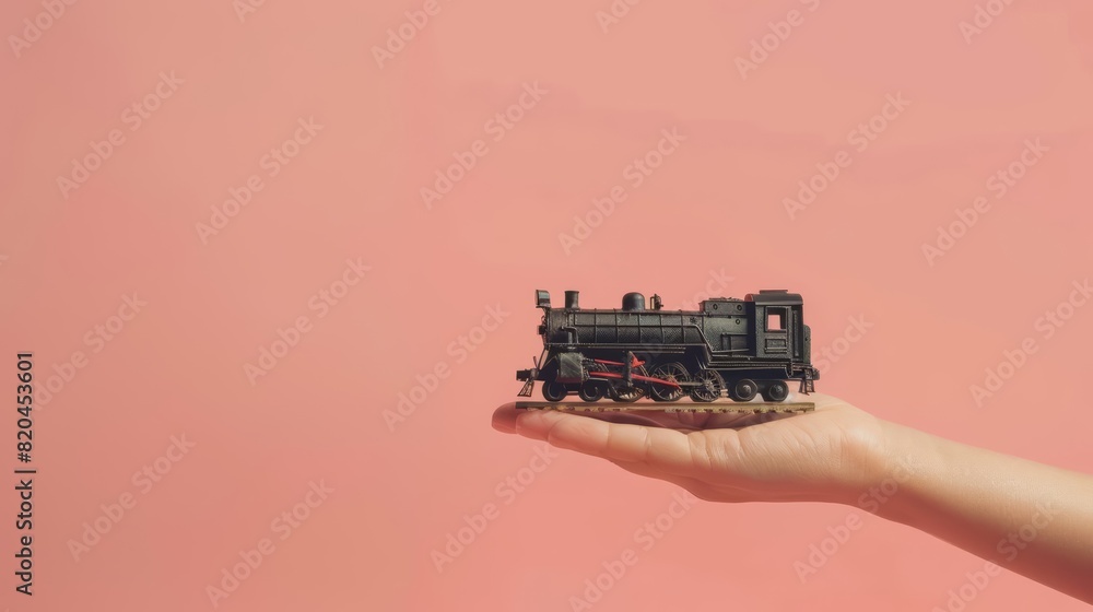 Fototapeta premium A human hand holding a train against a solid color backdrop with copy space