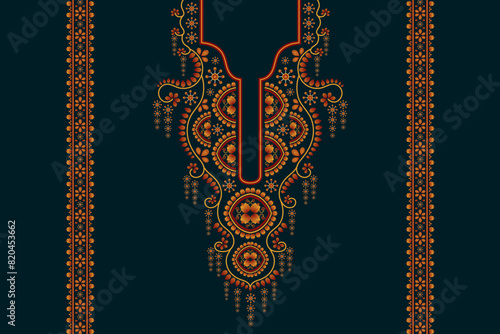 Neckline embroidery ethnic pattern. Floral necklace geometric orange flower on blue background neck ornament. Design for clothing, fashion women, wearing, shirt, print, wallpaper and background