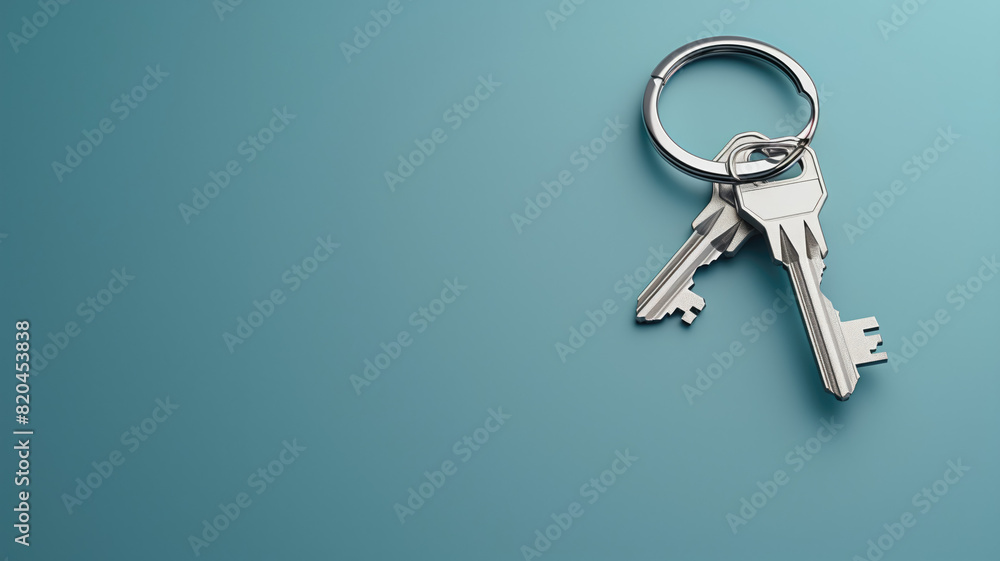 A silver key to a house, attached to a keychain, is shown against a blue background. empty space for copying onto the keychain. represents the idea of buying a new house and the real estate property A silver key to a house, attached to a keychain, is shown against a blue background. empty space for copying onto the keychain. represents the idea of buying a new house and the real estate property