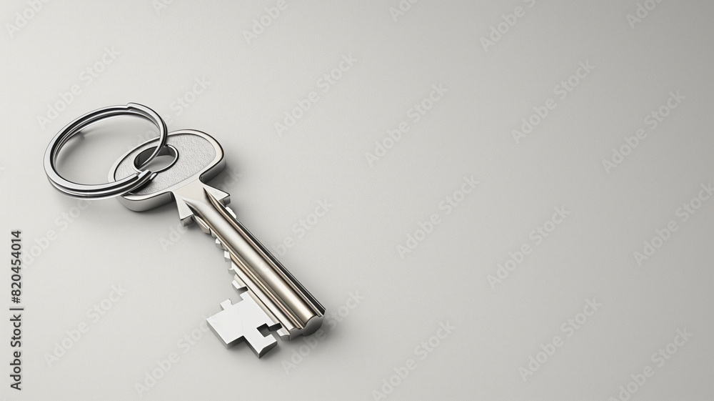 A silver key to a house, attached to a keychain, is shown against a blue background. empty space for copying onto the keychain. represents the idea of buying a new house and the real estate property A silver key to a house, attached to a keychain, is shown against a blue background. empty space for copying onto the keychain. represents the idea of buying a new house and the real estate property