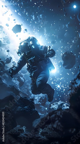 3D. Realistic. Generate AI. Printing. Illustration. Safety Specialist in an advanced space suit, performing safety checks on an interstellar mining rig.