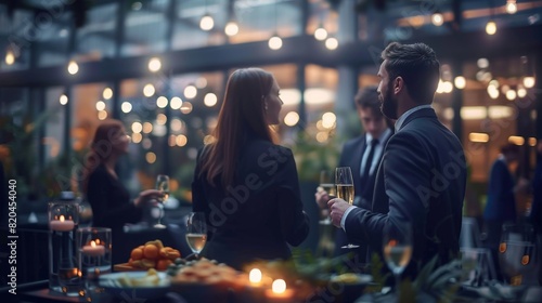 

Blurred shot of business people at party in office center, standing and talking, backs turned, with food and champagne glasses on the table, creating a professional and elegant atmosphere photo