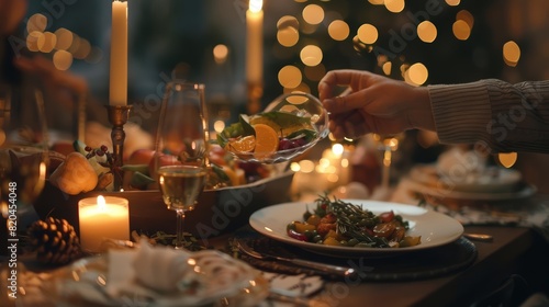 A human hand holding food in a beautifully set dining table, evoking a sense of celebration with a blurred backdrop #820454048