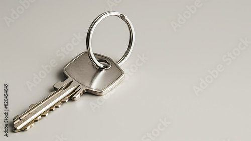 A silver key to a house, attached to a keychain, is shown against a blue background. empty space for copying onto the keychain. represents the idea of buying a new house and the real estate property