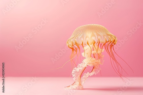 A jellyfish in a ballet tutu, performing a dance move against a solid pink background with copy space