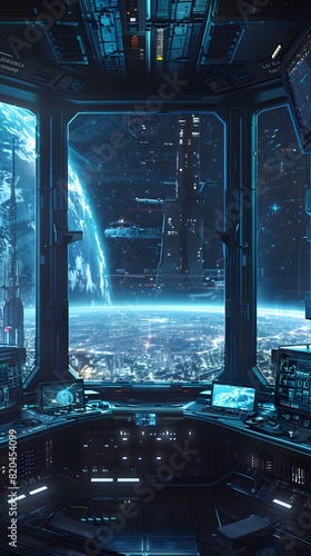 Wallpaper Mural 3D. Realistic. Generate AI. Printing. Illustration. Safety Specialist overseeing the construction of a space elevator, with Earth below and a stunning view of the Milky Way stretching across the sky. Torontodigital.ca