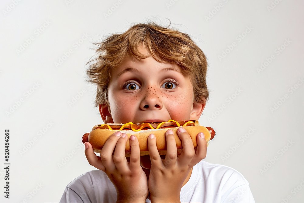 A chubby boy with wide eyes and freckles holds a large hot dog covered in mustard and ketchup. Capturing a fun and lively moment of enjoying fast food. A chubby boy with wide eyes and freckles holds a large hot dog covered in mustard and ketchup. Capturing a fun and lively moment of enjoying fast food.
