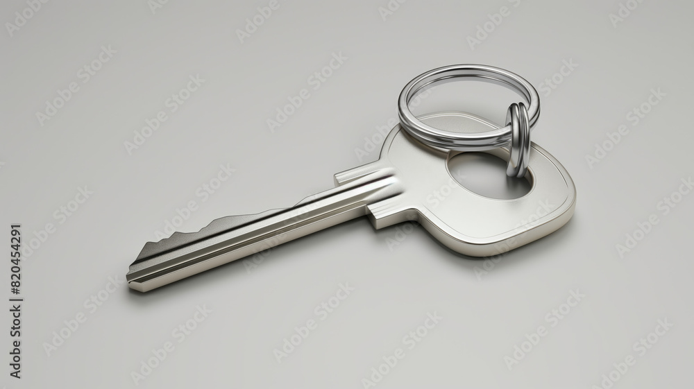 A silver key to a house, attached to a keychain, is shown against a blue background. empty space for copying onto the keychain. represents the idea of buying a new house and the real estate property A silver key to a house, attached to a keychain, is shown against a blue background. empty space for copying onto the keychain. represents the idea of buying a new house and the real estate property