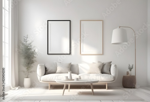 Frame Mockup ISO A paper size frame with a living room wall poster in a modern  white-walled interior design. Photorealistic 3D rendering