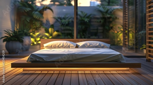 A luxurious bed resting on a wooden surface, surrounded by a blurred background suitable for advertising © JK_kyoto