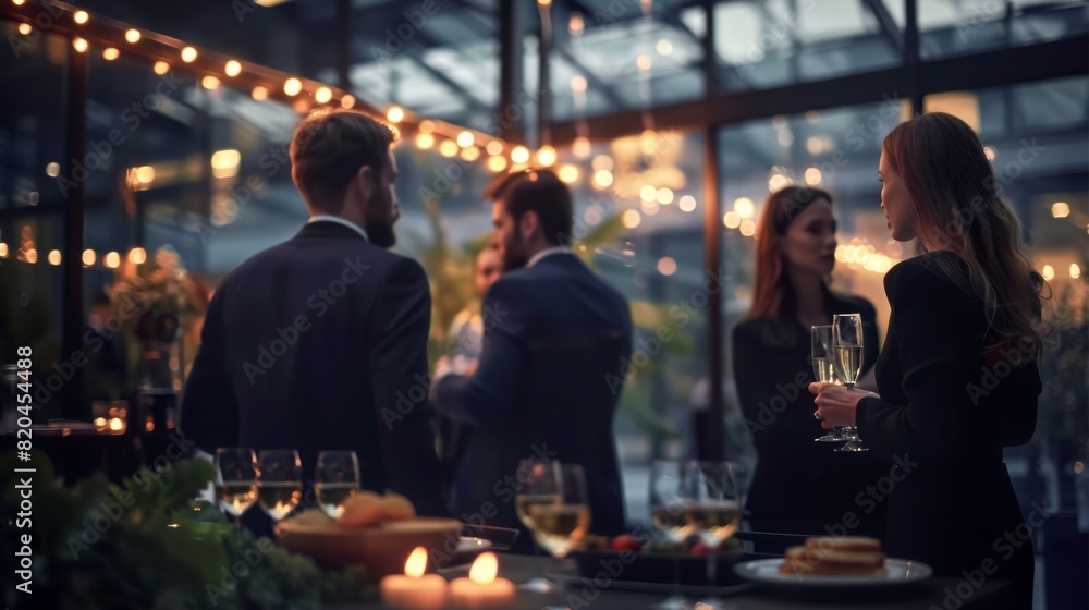 Blurred shot of business people at party in office center, standing and talking, backs turned, with food and champagne glasses on the table, creating a professional and elegant atmosphere
Blurred shot of business people at party in office center, standing and talking, backs turned, with food and champagne glasses on the table, creating a professional and elegant atmosphere