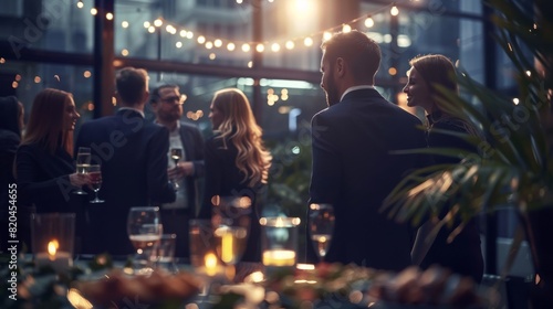 Wallpaper Mural 

Blurred shot of business people at party in office center, standing and talking, backs turned, with food and champagne glasses on the table, creating a professional and elegant atmosphere Torontodigital.ca