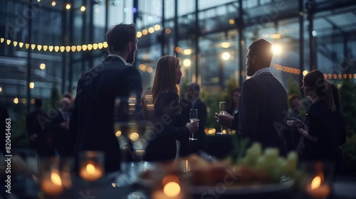 Wallpaper Mural 

Blurred shot of business people at party in office center, standing and talking, backs turned, with food and champagne glasses on the table, creating a professional and elegant atmosphere Torontodigital.ca